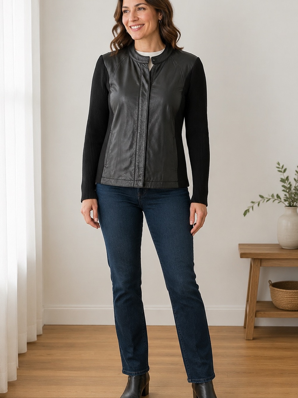 Charter Club Black Faux Leather Front Knit-Sleeve Jacket